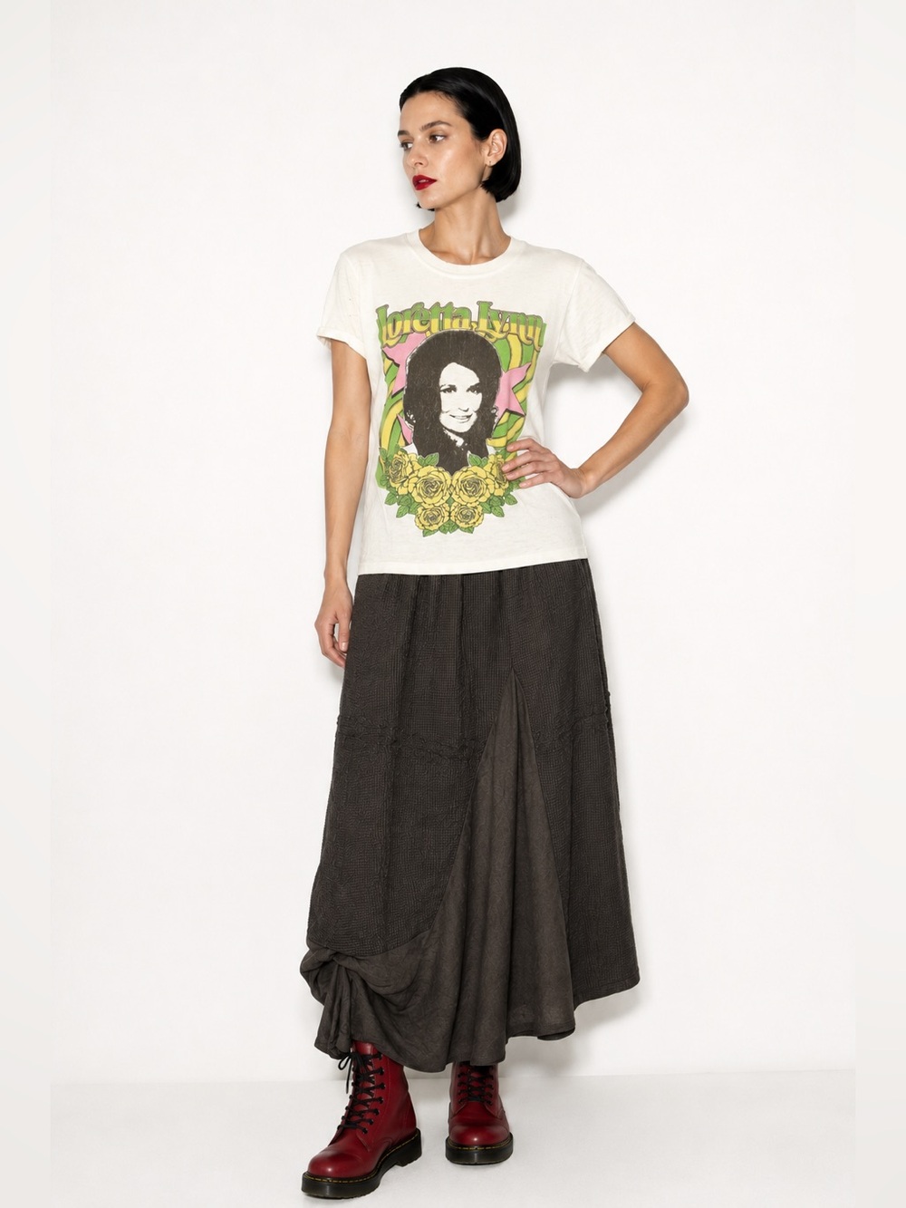 Khangura asymmetrical textured and draped midi skirt.  Grey neutral boho look. M